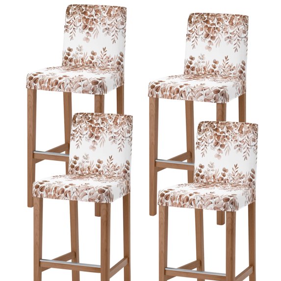 Coffee Eucalyptus Bar Stool Cover Set of 4, Spring Summer Farmhouse Leaves Watercolor Stretch Bar Chair Cover, Removable Washable Pub Counter Stool Chair Slipcover for Kitchen Dining Room Pub Cafe