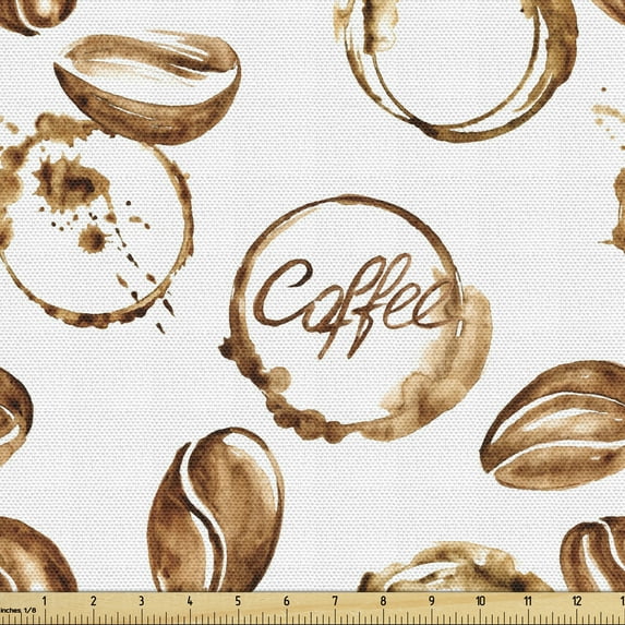 Ambesonne Coffee Fabric by the Yard Upholstery, Java Stains Watercolor, 5 Yards, Pale Brown White