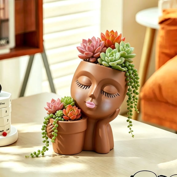 Coffee Face Shaped Flower Pot 4.3 Inch, Resin Human Figure Planter for Succulents Cactus, Whimsical Desktop Vase Home Balcony, Tabletop Ornament Decor