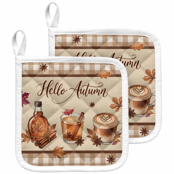 Coffee Fall Pot Holders for Kitchen Heatproof Potholder, 2 Pack Thanksgiving Maple Leaves Rustic Brown Plaid Hot Pads Multipurpose Oven Pads Terry Cloth Potholders Trivet for Cooking and Baking