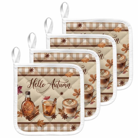 Coffee Fall Pot Holders for Kitchen Heatproof Potholder, 4 Pack Thanksgiving Maple Leaves Rustic Brown Plaid Hot Pads Multipurpose Oven Pads Terry Cloth Potholders Trivet for Cooking and Baking