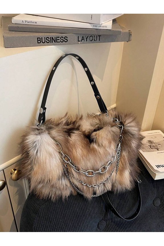 Coffee Faux Fur Shoulder Bag With Dual Chain And Leather Strap