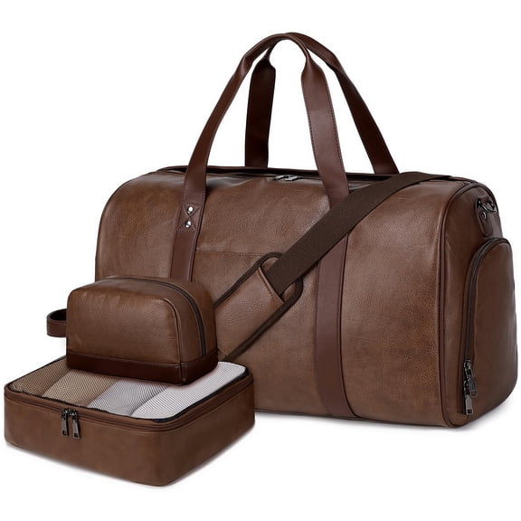 Coffee Faux Leather Weekender Duffel Bag Carry On Travel Laptop Compatible