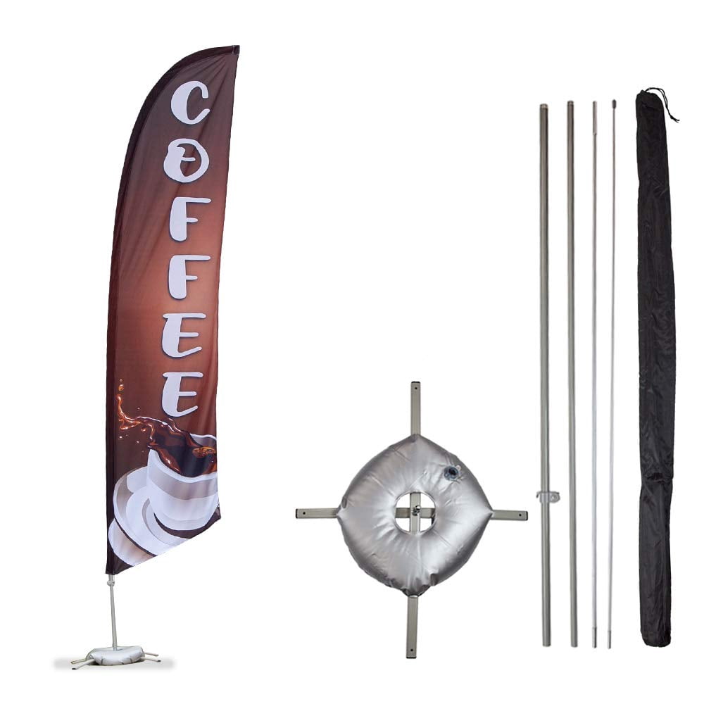 Coffee Feather Flag Kit - 13.5ft Knitted Polyester Swooper Flag with Pole Set, Cross Base and Weight Bag - Printed in the USA
