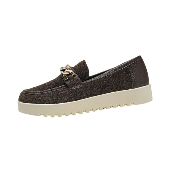 Coffee Females Chain Accent Metal Embellished Shoes Extended Proportions Cold Season Season Comfortable Heeled Flat Loafers For Leisure Outings