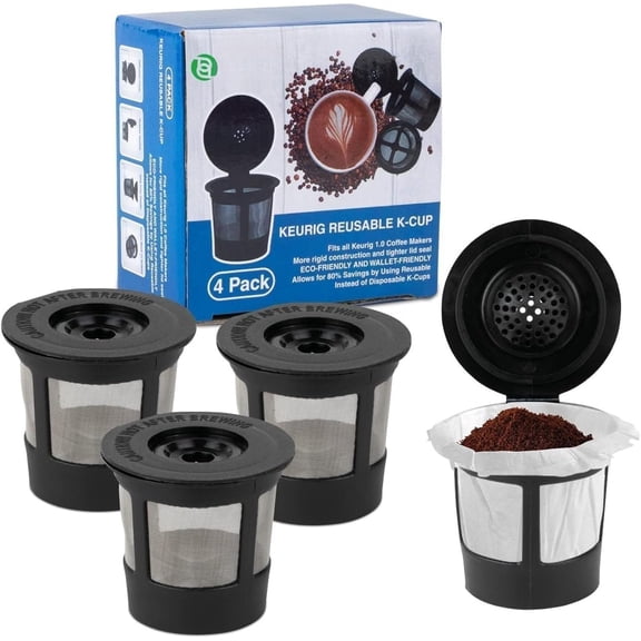 Coffee Filter Cups 4-Pack for 1.0 Brewers - Universal Fit Refillable Single-Serve Filters with Stainless Steel Mesh and Plastic - Coffee Pods, Black