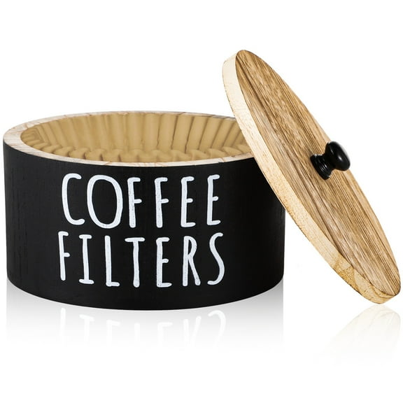 Coffee Filter Holder, Wood Coffee Filter Dispenser with Lid, Rustic Coffee Filter Storage Container, Round Coffee Filter Organizer, Coffee Bar Accessories