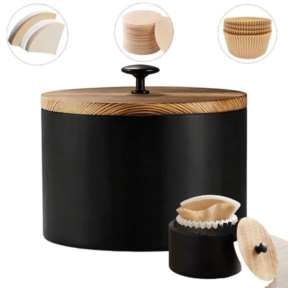 Coffee Filter Holder, Wooden Large Capacity Rustic Coffee Filter Storage Case Dispenser with Lid, Round Organizer Basket Container Storage for Counter, Pod and Filter, Coffee Bar Accessories 