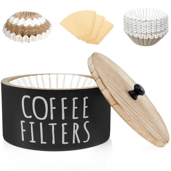 Coffee Filter Holder, Wooden Large Capacity Rustic Coffee Filter Storage Case Dispenser with Lid, Round Organizer Basket Container Storage for Pod and Filter, Coffee Bar Accessories