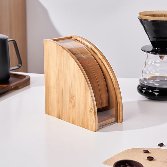 Coffee Filter Storage Box, Rubber Wood Filter Paper Organizer with Transparent Acrylic Lid, Dust Resistant Container for Cone and Fan Shaped Coffee Filters