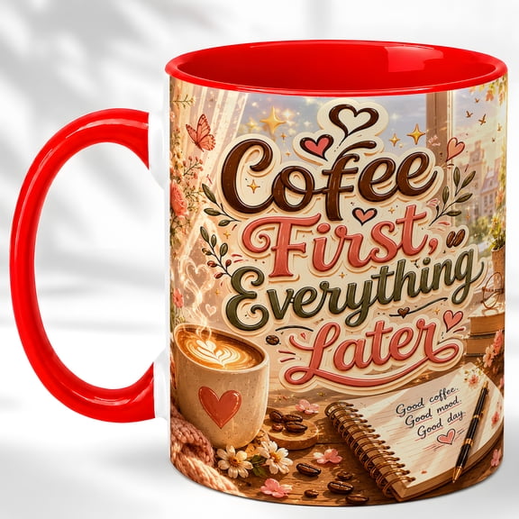 Coffee First Everything Later Mug, Coffee Lover Gift Cup, Cozy Sunrise Desk Design with Flowers and Notebook, Ceramic 11 Oz Mug