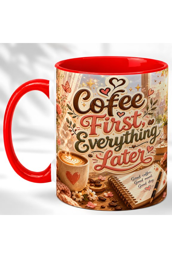 Coffee First Everything Later Mug, Coffee Lover Gift Cup, Cozy Sunrise Desk Design with Flowers and Notebook, Ceramic 11 Oz Mug