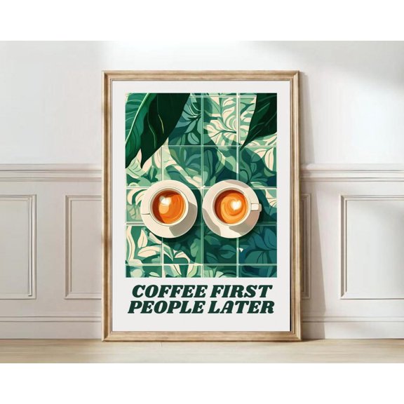Coffee First Kitchen Poster, Vintage Coffee Cart Design And Retro Coffee Bar Wall Art