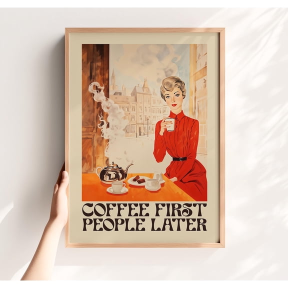 Coffee First People Later Retro Cafe Kitchen Wall Decor, Unframed Canvas 8x10in