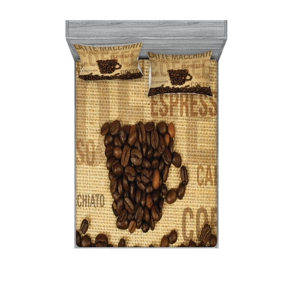 Coffee Fitted Sheet & Pillow Sham Set, Coffee Beans Shaped in Mug and Coffee Types Letterings Art Print, Decorative Printed 6 Piece Bedding Decor Set, King, Dark Brown Pale Brown, by Ambesonne
