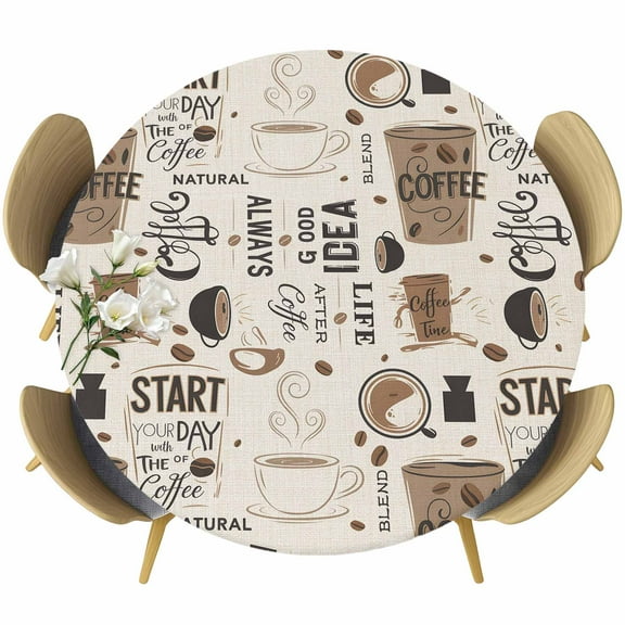 Coffee Fitted Tablecloth with Elastic Edged, Round Table Cloth for Dining Table, Brown Beans Cup Dessert Drink Monochrome Waterproof Oil Proof Table Cover for Indoor Outdoor 36"-44"
