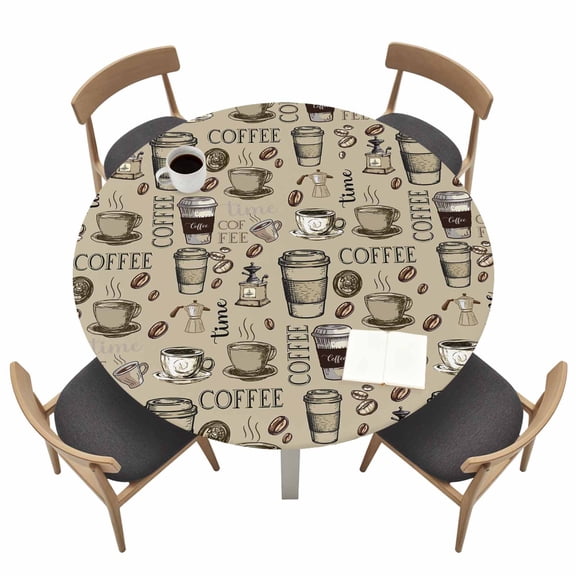 Coffee Fitted Tablecloth with Elastic Edged, Round Table Cloth for Dining Table, Khaki Farmhouse Vintage Beans Cups Funny Waterproof Oil Proof Table Cover for Indoor Outdoor 36"-44"