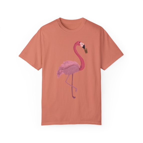 Coffee Flamingo Bird Lover Gift | Pink Flamingo Gift For Her | Coffee | Womens Clothing Unisex Garment-Dyed T-shirt