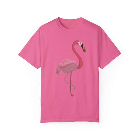 Coffee Flamingo Bird Lover Gift | Pink Flamingo Gift For Her | Coffee | Womens Clothing Unisex Garment-Dyed T-shirt