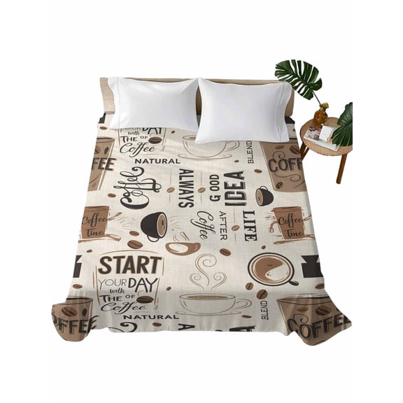Coffee Flat Sheets Only King Size, Soft Breathable Bed Top Sheets for Mattress, Brown Beans Cup Dessert Drink Monochrome Luxury Bedding Flat Sheets for Home Hotel Bedroom Bed Protection