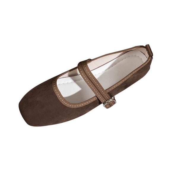 Coffee Flat Shoes For Ladies Adjustable Buckle Design Solid Color Square Toe Slip On Soft Sole Casual Pumps Comfortable Everyday Wear Size 36