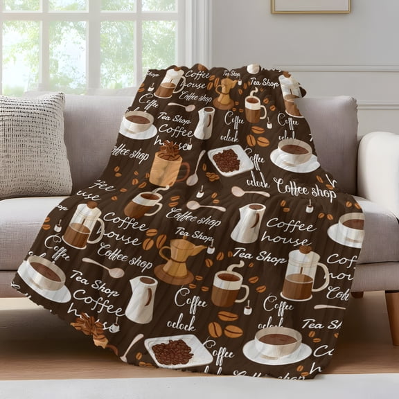 Coffee Fleece Throw Blanket for Couch, Brown Retro Coffee Theme Beans Latte Tea Cup Microfiber Flannel Blanket for All Season, Lightweight Soft Throw Blankets for Baby, Kids, Pets, 30"x40"