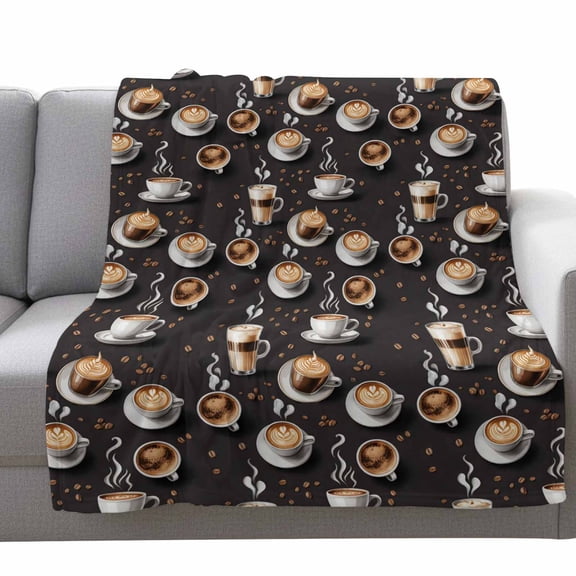 Coffee Fleece Throw Blanket Lightweight Vintage Watercolor Hot Coffee Cups Beans Black Fuzzy Flannel Throws Super Soft Cozy Flannel Blanket for Couch, Sofa, Bed, Travel 60"x80"