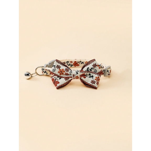 Coffee Floral Embroidered Bowknot Fashion Pet Collar With Bell For Small Cats Dogs