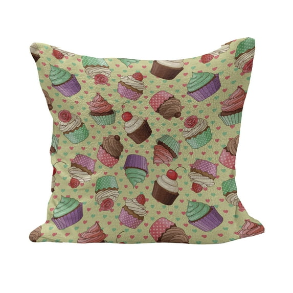 Coffee Fluffy Throw Pillow Cushion Cover, Coffee Shop Bakery Inspired Tasty Cupcake Pattern on a Polka Dot Hearts Backdrop, Decorative Square Accent Pillow Case, 18" x 18", Multicolor, by Ambesonne
