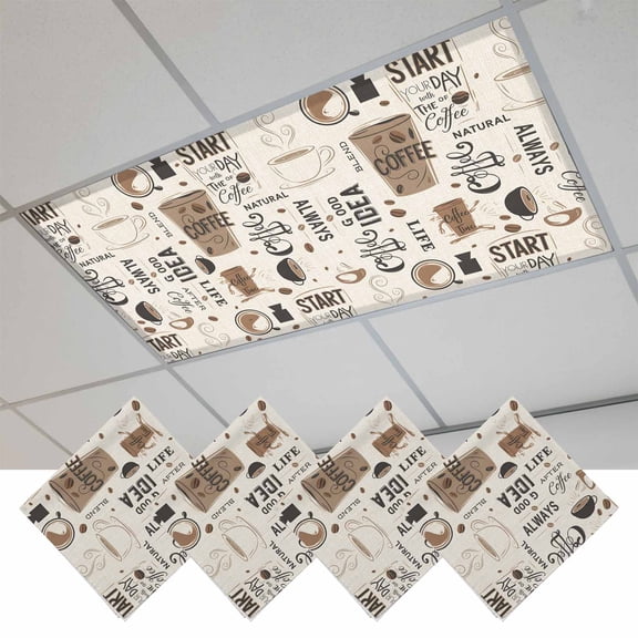 Coffee Fluorescent Light Covers, Brown Beans Cup Dessert Drink Monochrome Magnetic Light Covers for Ceiling Lights, Fluorescent Ceiling Shade Filters for Classroom Bedroom Office 4x2Ft x 4PCS