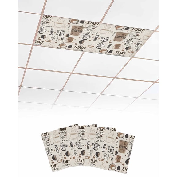 Coffee Fluorescent Light Covers for Ceiling Lights 4x2 feet,4 Pack Magnetic Light Filters for Classroom,Brown Beans Cup Dessert Drink Monochrome Fluorescent Light Shade Panel for Office School Drop