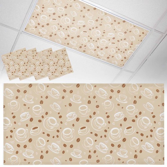 Coffee Fluorescent Light Covers Vintage White Lines Coffee Beans Cups Brown Background Magnetic Light Filters Ceiling Lighting Panel Shade for Classroom Office Home 2 x 4 ft, 4 Pack