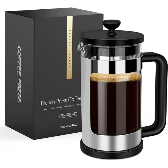 Coffee French Press, 34 Oz/1 Liter Large Cafetiere French Coffee Press, Stainless Steel Filter, Removable Heat Resistant Glass,Chrimas Gifts