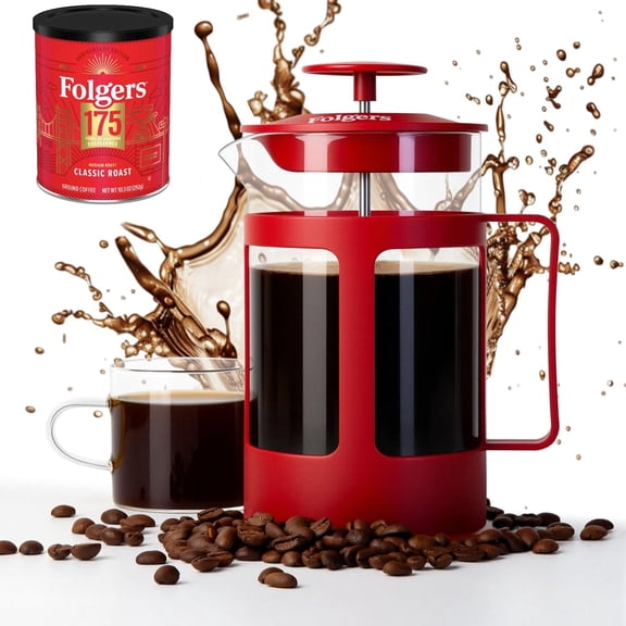 Coffee French Press  600ml Heat-Resistant Glass Coffee Maker with Stainless Steel Filter, Durable Red Frame & Handle, Easy Brewing for Fresh, Bold Flavor