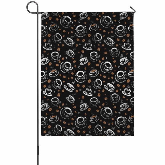 Coffee Garden Flag 12 x 18 Inches, Vintage White Lines Coffee Beans Cups Black Background Weather Proof Outdoor Patio Flags Double Sided Small Garden Decoration for Yard Outside Home