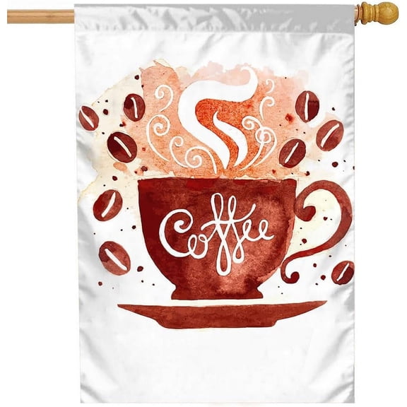 Coffee Garden Flag 28x40 Inch Watercolor Coffee Cup With Smoke Doodle Caffeine Coco Beans Brown House Lawn Flag Double Sided Banners for Home Outdoor Decoration