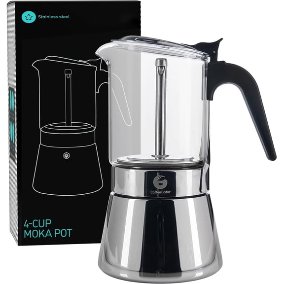 Coffee Gator 4 Cup Moka Pot, 6.7oz Stovetop Espresso Maker for Italian Coffee, Transparent Glass & Stainless Steel Design, Silver, 200ml