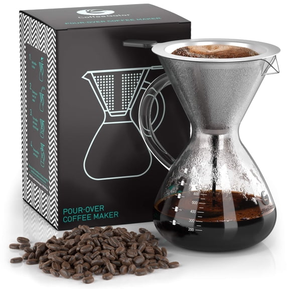 Coffee Gator Pour Over Coffee Maker - 27oz High Heat Borosilicate Glass with Reusable Stainless Steel Filter, Drip Coffee Brewer Dripper Set Carafe, 800ml Clear Y101
