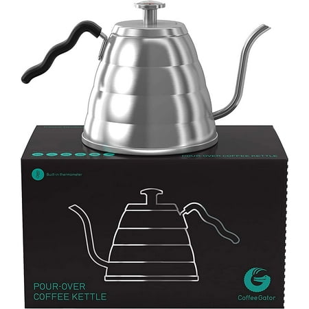 Coffee Gator Pour Over Gooseneck Kettle - Precision-Flow Spout and Thermometer - Barista-Standard Hand Drip Tea and Coffee Kettle for Induction and all Stovetops - 34oz