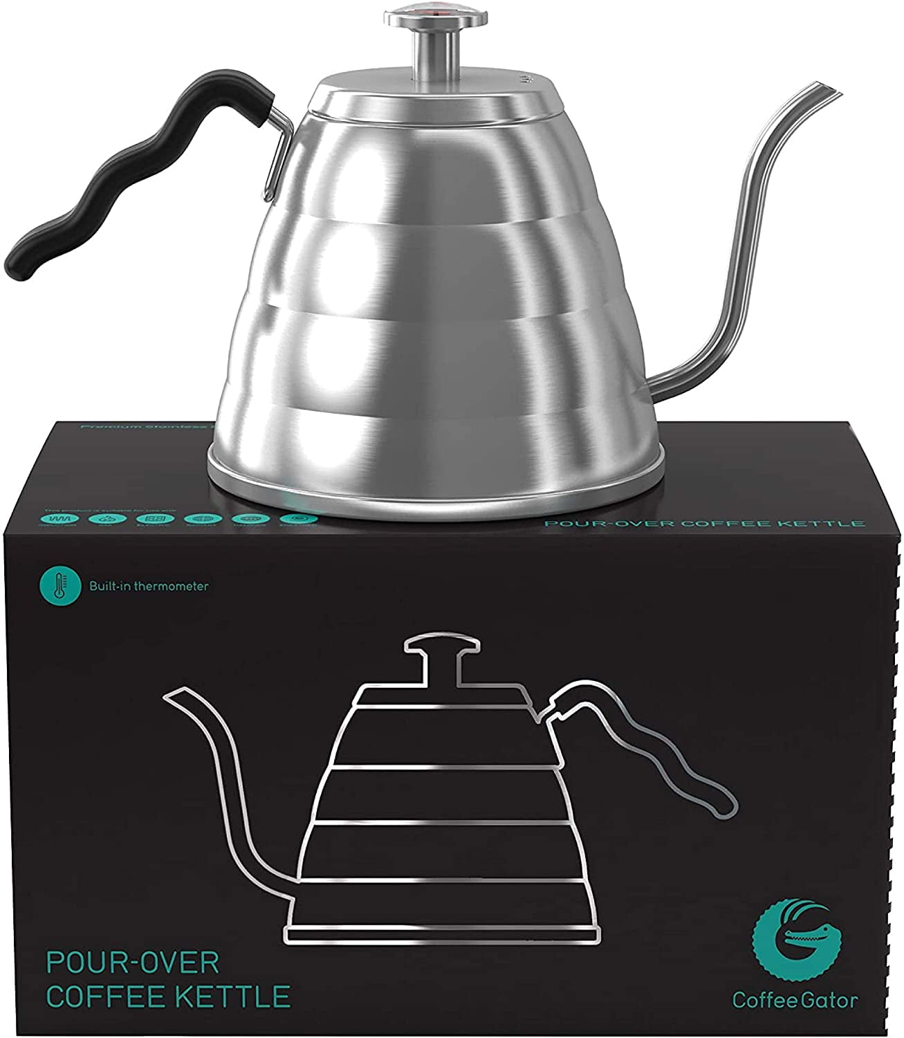 Coffee Gator Gooseneck Kettle with Thermometer - 40 oz Stainless Steel,  Stove Top 