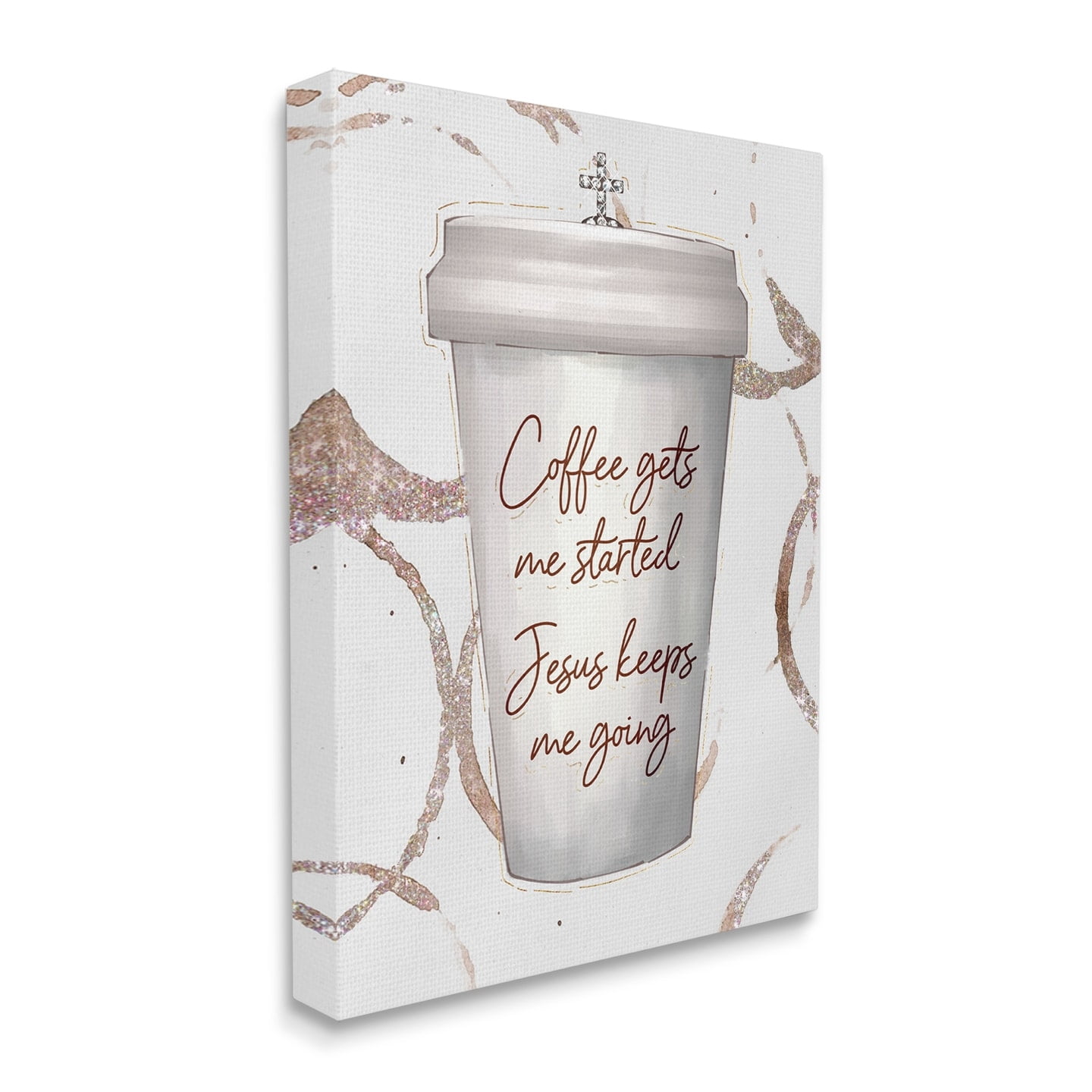 Coffee Gets Me Started Faith Based Phrase Cup 24 in x 30 in Painting Canvas Art Print, by Stupell Home Décor