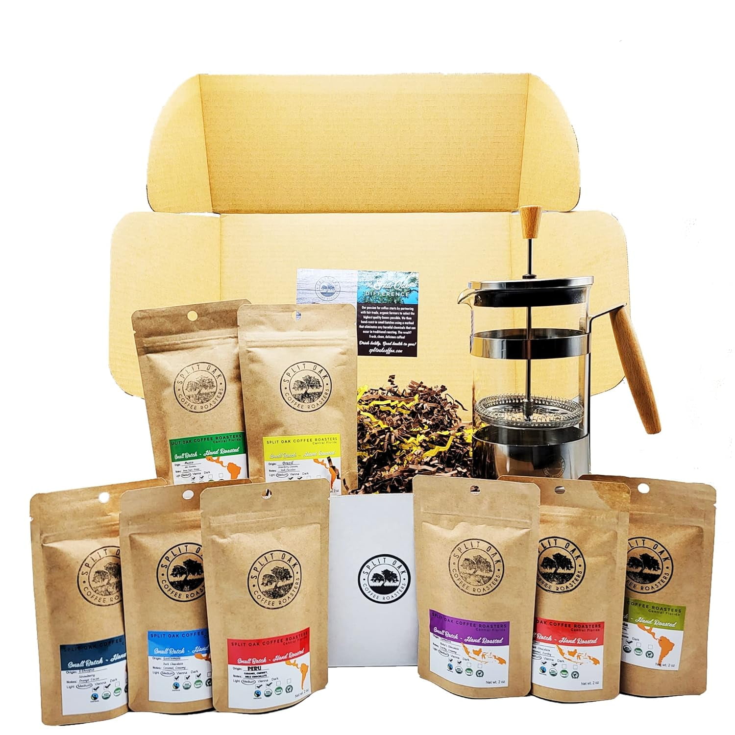 Coffee Gift Box Set 8 Assorted 2oz bags plus1 French Press Stainless
