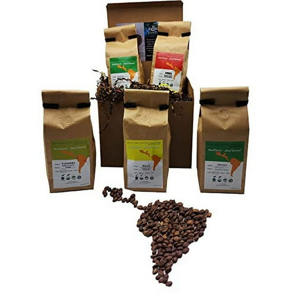 Coffee Gift Set Las Americas 5 Pack 12oz Gourmet Organic Medium Roast whole Bean Coffee with Best Beans From Mexico, Guatemala, Peru, Colombia and Brazil 60oz Coffee