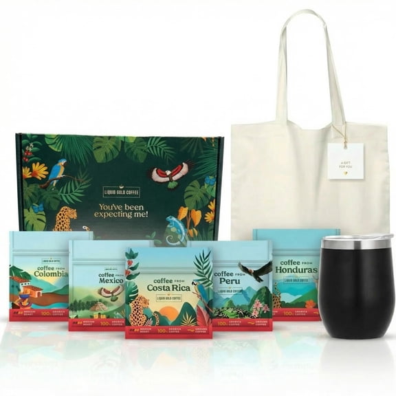 Coffee Gift Set, Latin America Single Origin Sampler (5 x 2oz) from Colombia, Costa Rica, Mexico, Honduras & Peru, Includes Insulated Mug & Reusable Tote Bag
