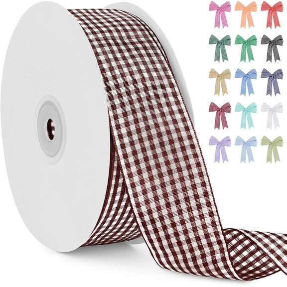 Coffee Gingham Ribbon 1-1/2 Inch x 50 Yard Vintage Checkered Tartan Plaid Polyester Cloth Fabric Woven Edge, Party Supplies for Presents Wrapping Bows DIY Craft Wedding Decoration inch