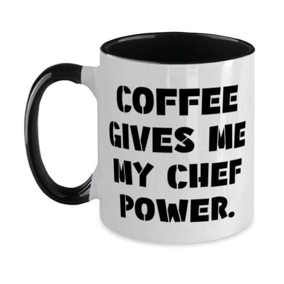 Coffee Gives Me My Chef Power. Two Tone 11oz Mug, Chef Present From Boss, Brilliant Cup For Colleagues, Cooking, Kitchen, Food, Baking, Chefs Knife, Apron, Oven Mitt, Pot Holder