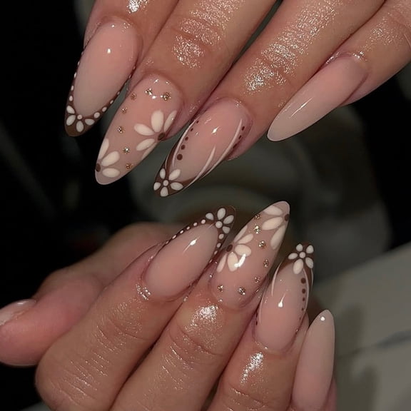 Coffee Gleaming Flower Press On Nail French Medium Length 24pcs Faux Nail