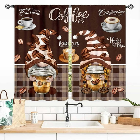Coffee Gnome Kitchen Curtains, Rustic Vintage Coffee Theme Latte Cappuccino Cafe Beans Brown Farmhouse Country Small Window Treatments Drapery for Living Room Bedroom Dining Room, 55x39 Inch