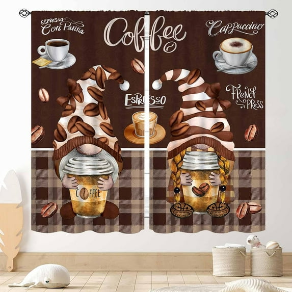 Coffee Gnome Kitchen Curtains, Rustic Vintage Coffee Theme Latte Cappuccino Cafe Beans Brown Farmhouse Country Window Treatments Drapery for Living Room Bedroom Dining Room, 84"x84" Inch