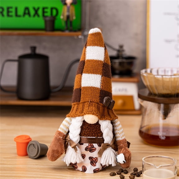 Coffee Gnome Plush Decor Handmade Knitted Ornament With Coffee Bean Pattern And Knitted Hat For Home Kitchen Tabletop Decoration And Gifting As Festive Or Everyday Ornaments For